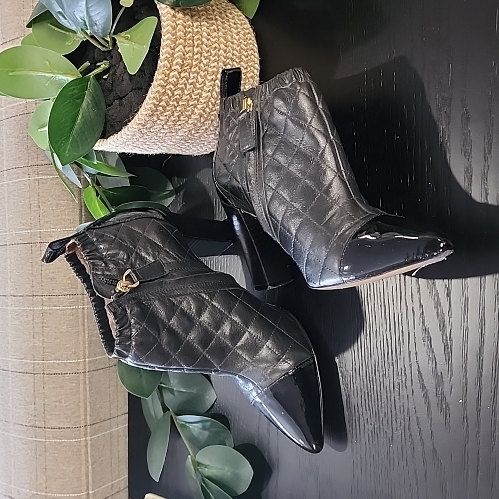 REISS Quilted Black Leather Ankle Boots 37 6.5 Booties Patent Captoe LUXURY - Picture 5 of 17